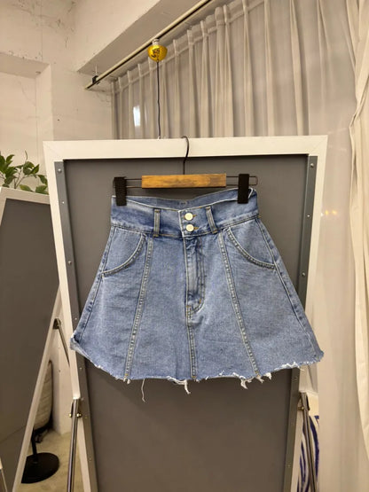 Chic High Waist A-Line  Skirt Women's Jeans ort Skirt Spring Vintage Slimming Splicing Hemming Girl's Faion Commute