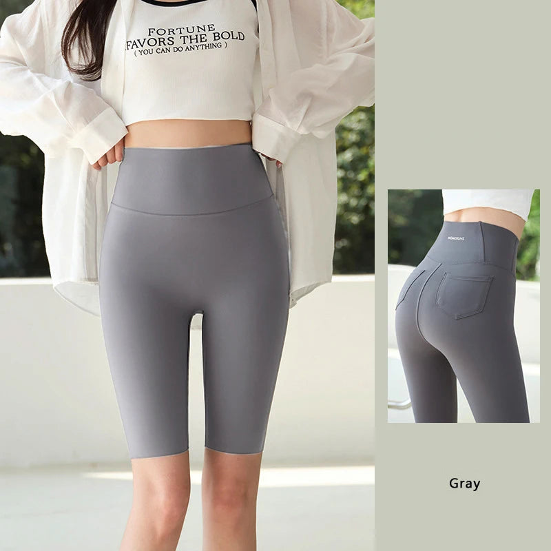 BIVIGAOS Summer New Back Pocket Sharkskin Cycling Shorts Women Cool Knee Length Short Leggings Casual Elastic Sport Biker Shorts