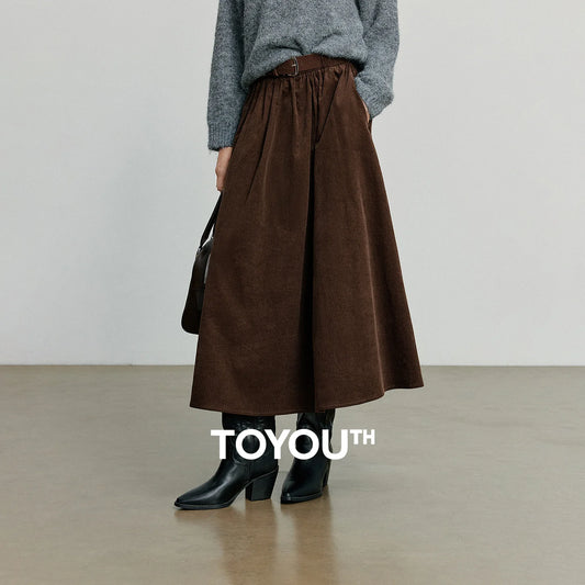 TOYOUTH Women Skirt 2025 Autumn New Corduroy Pure Cotton Ankle Length Umbrella Skirt