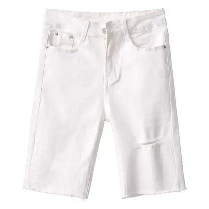 Black White Straight Stretch Denim Shorts Women Midi Jeans Summer Shorts Women Streetwear Hole Ripped High Waist Shorts C7336