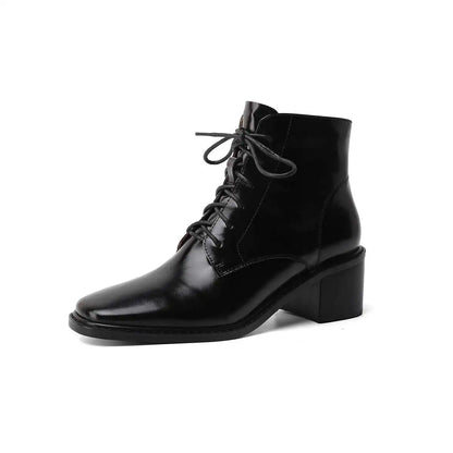 Krazing Pot 2025 Hot Sale Genuine Leather Square Toe Chelsea Boots High Heels Winter Season Lace Up Superstar Ins Ankle Boots