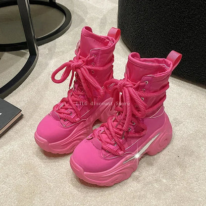 Women's Pink Boots Platform New in  Calf High Boot Woman Winter Girl's Ankle Bootie White Sneakers Trends 2023 Cross Strap Bling