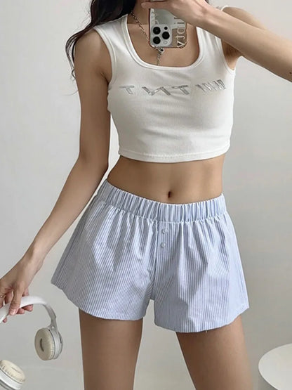 Striped Print Casual Shorts for Women Elastic Waist Fashion Button Bottoms Streetwear Chic Basic Y2K Loose Shorts