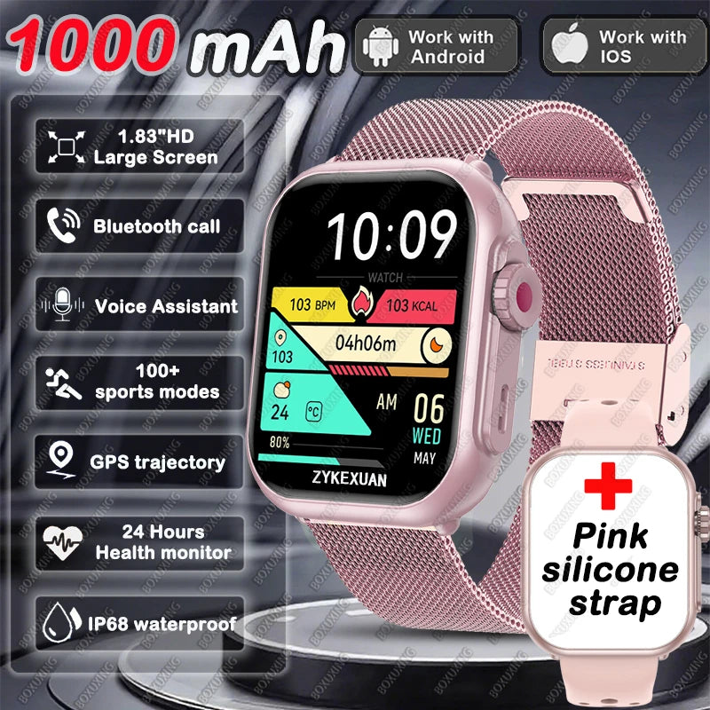 1000 mAh Smart Watch Men Women 1.85-Inch AMOLED GPS 100+Sports Mode Watches Heart Rate Bluetooth Call IP68 Waterproof Smartwatch