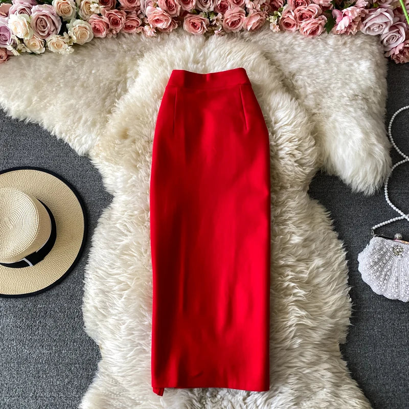 Faion High Waist  Color Midi Skirt Slimming Elastic Slit One Step OL Busin Bodycon Skirt Young Women Commute Sle
