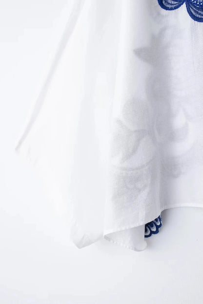 HH Blue Floral Embroidery Skirt For Women Fashion Casual Loose Elastic Waist Skirt Pleated Woman High Waist Midi Skirts