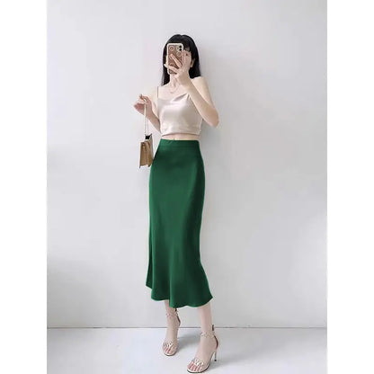 Fashion Oversized Women Clothing Satin Skirts Summer Temperament Solid Color High Waist A-line Skirt Female Simplicity Skirt