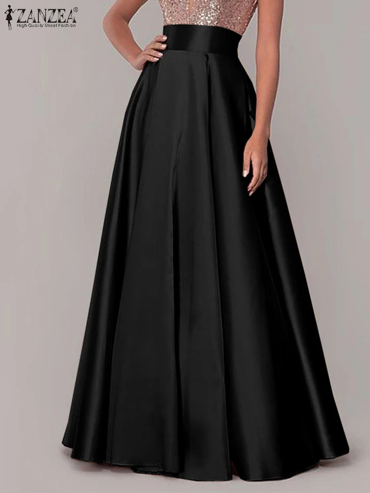 ZANZEA Bohemian Women Satin Silk Black Long Skirts Elegant Solid A-Line Party Jupes Femme Waist Zipper Oversized Casual Dresses