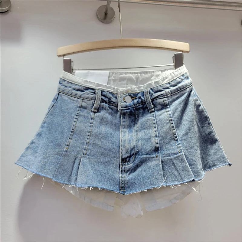 KBQ Temperament Slim Fit Denim Mini Slirts For Women High Waist Spliced Button Daily Casual Commute Skirt Female Fashion Style