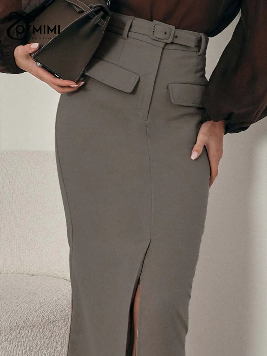 Oymimi Fashion Khaki Slim Skirts For Women Elegant High Waisted Zipper Solid Skirts Casual Pocket Straight Mid-Calf Skirt Female