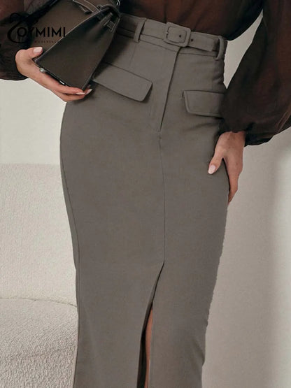Oymimi Fashion Khaki Slim Skirts For Women Elegant High Waisted Zipper Solid Skirts Casual Pocket Straight Mid-Calf Skirt Female