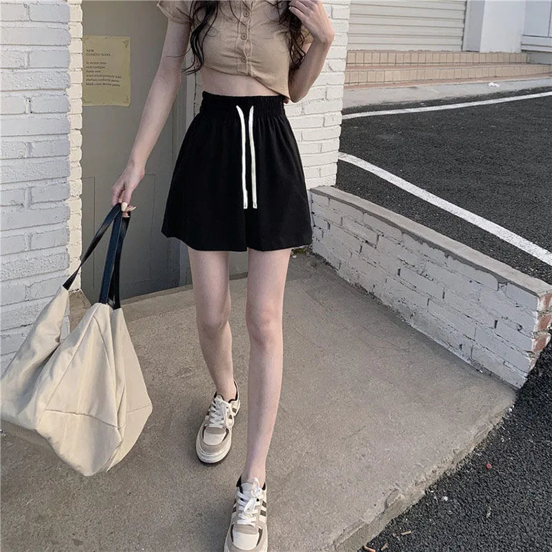 Xpqbb Summer Black Shorts for Women Casual Loose Elastic Waist Sports Shorts Woman Korean Street Drawstring Wide Leg Short Pants