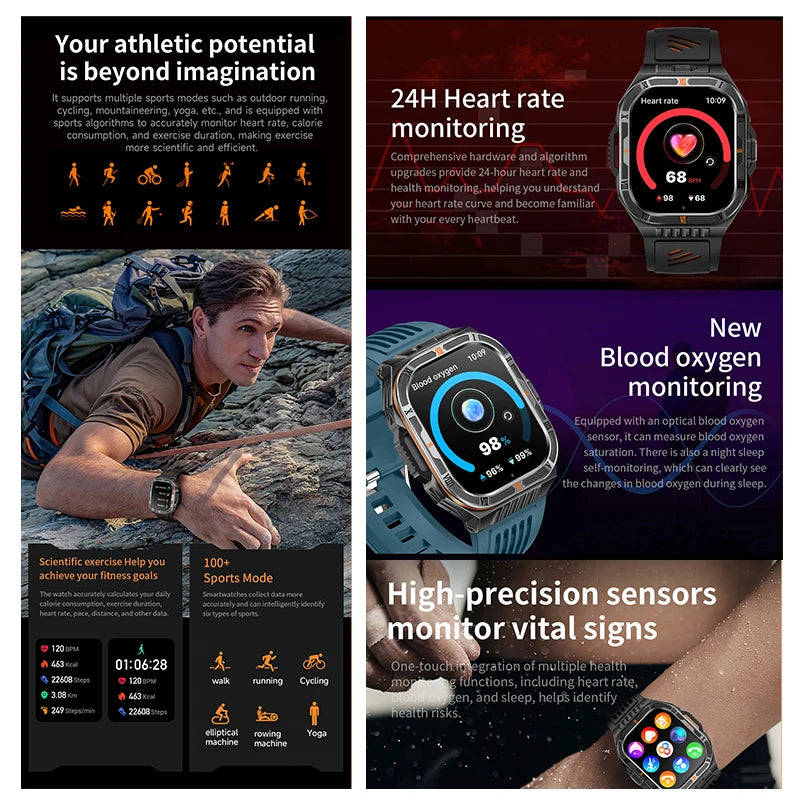 New 1100mAh Big Battery Smart Watch Men Outdoor Compass Bluetooth Call IP68 Waterproof Sports 2.01 Inch Flashlight Smart Watch