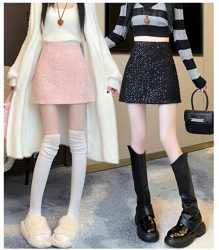 Fashion Y2K Streetwear Winter Mini Skirt Women Glitter Sequin Bodycon Tweed Skirts With Shorts A-Line Pink White Black Faldas