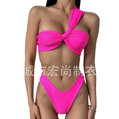Sexy Bikini Swimsuit Single Shoulder Strap Female Version Large Chest Pure Desire Style Separate Bikini High End Brand 2025