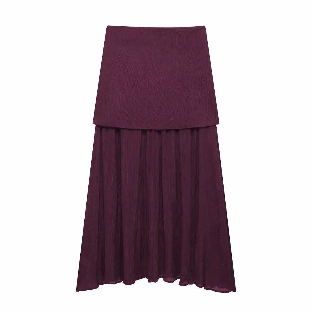 HH Elegant Midi Skirt For Women Fashion Solid A-line High Waist Pleated Side Zipper Long Skirt Vintage Skirts Chic Bottom