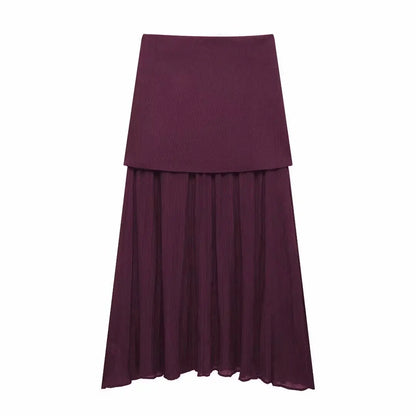 HH Elegant Midi Skirt For Women Fashion Solid A-line High Waist Pleated Side Zipper Long Skirt Vintage Skirts Chic Bottom