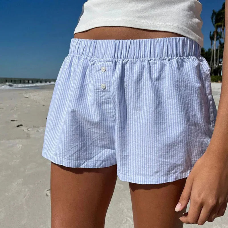 Striped Print Casual Shorts for Women Elastic Waist Fashion Button Bottoms Streetwear Chic Basic Y2K Loose Shorts