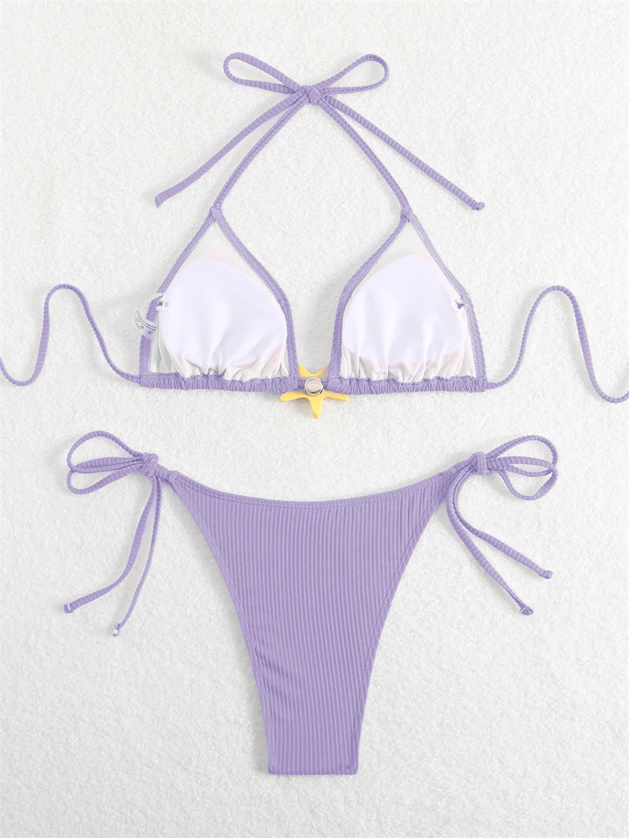 Women Swimsuits Separate Halter Bikinis Set With Chest Pad Solid Color With Starfish Beachwear Summer Vacation Two-Piece Sets