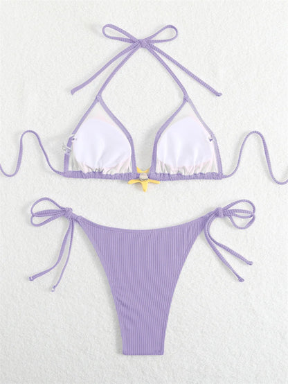 Women Swimsuits Separate Halter Bikinis Set With Chest Pad Solid Color With Starfish Beachwear Summer Vacation Two-Piece Sets