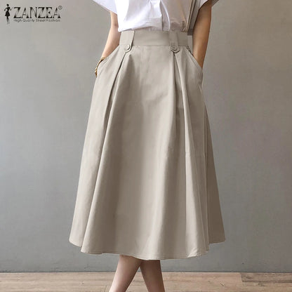 Women Elegant Office Work Skirts ZANZEA Autumn Summer High Waist Faldas Saia Jupe Casual Solid Midi Skirt Fashion Party Sundress