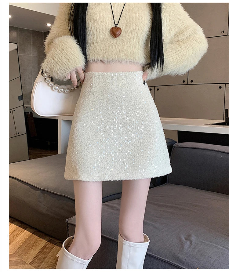 Fashion Y2K Streetwear Winter Mini Skirt Women Glitter Sequin Bodycon Tweed Skirts With Shorts A-Line Pink White Black Faldas