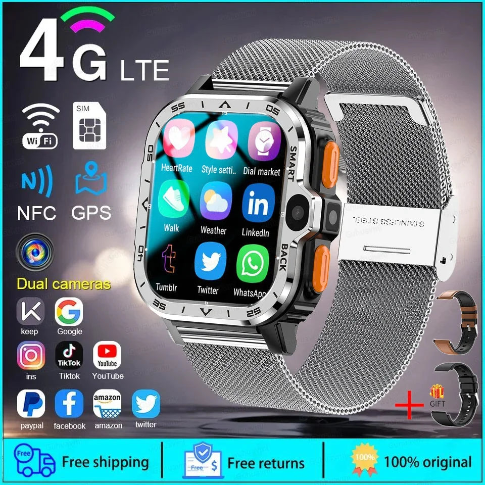 PGD SmartWatch 4G LTE GPS Wifi SIM Card NFC Dual Camera Rugged 64G ROM Storage Heart Rate Sports Smart Watch Men