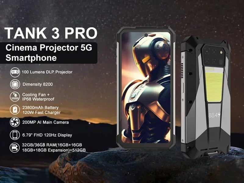 8849 Tank 3 Pro by Unihertz 5G Rugged Projector Phone 23800mAh 512GB ROM Mobile Phones 200MP 120W Charger OTG Smartphone Android