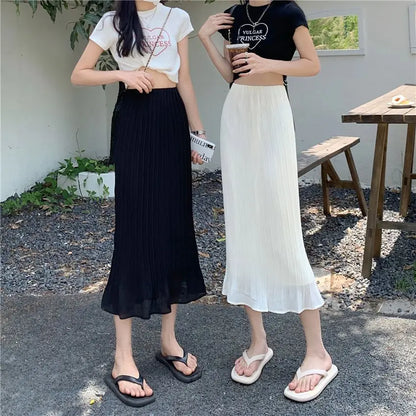 Summer New Fashion Solid Spring Wrapped Hip Fishtail Skirt Women Patchwork Elastic Waist Elegant Gentle Mid Length A-line Skirts