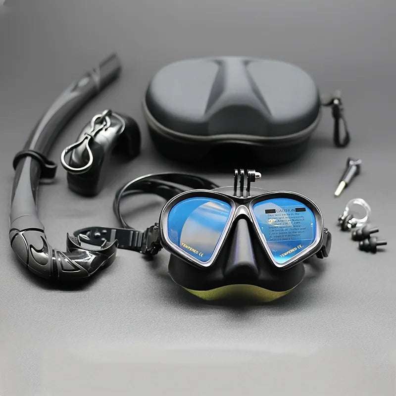 Professional Wet Low Volume Freediving Mask, Tempered Glass dive Mask, J-Type Diving Mask, Snorkel Set, With Go-Pro Camera Mount