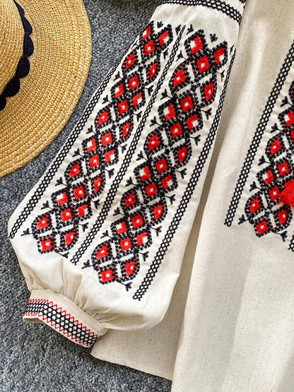 Women Autumn Blouse Bohemian Retro Ethnic Style Embroidered Shirt Loose Lantern Sleeve Top Female Pullovers 3 Colors BL246