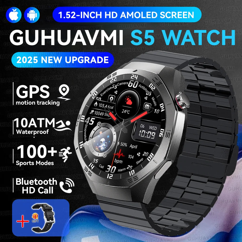 Luxury Metal Smart Watch For Men AMOLED Screen Bluetooth Call GPS Tracking Sports Heart Rate Monitor Smart watch For Android iOS