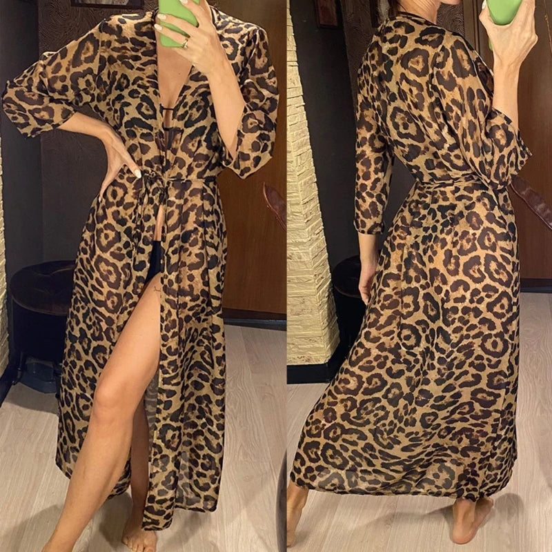 77HC Womens Long Bikinis Cover-ups Beach Dress Summer Sexy Robe Beachwear Leopard-printing Tunic Top Swimwear Cover-Ups Dress