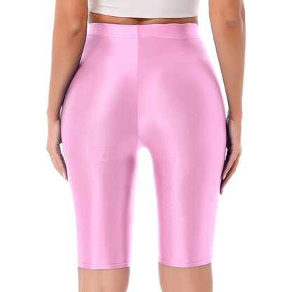 Women Glossy Shorts High Waist Fitness Short Leggings Oil Shiny Knee-Length Tights Swimming Trunks Female Workout Sports Bottoms
