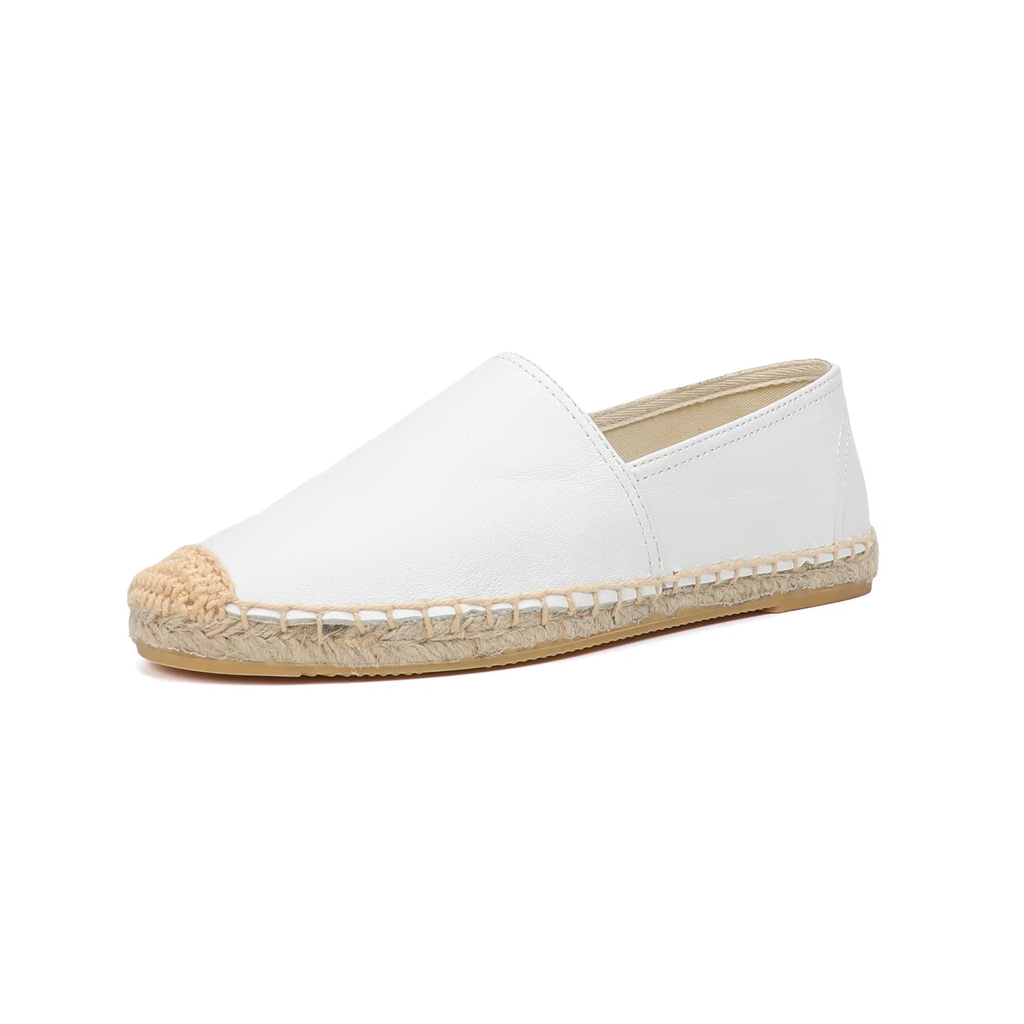 Casual Espadrilles Flat Cow Leather Shoe for Women Slip-on Rubber Ballet Flats