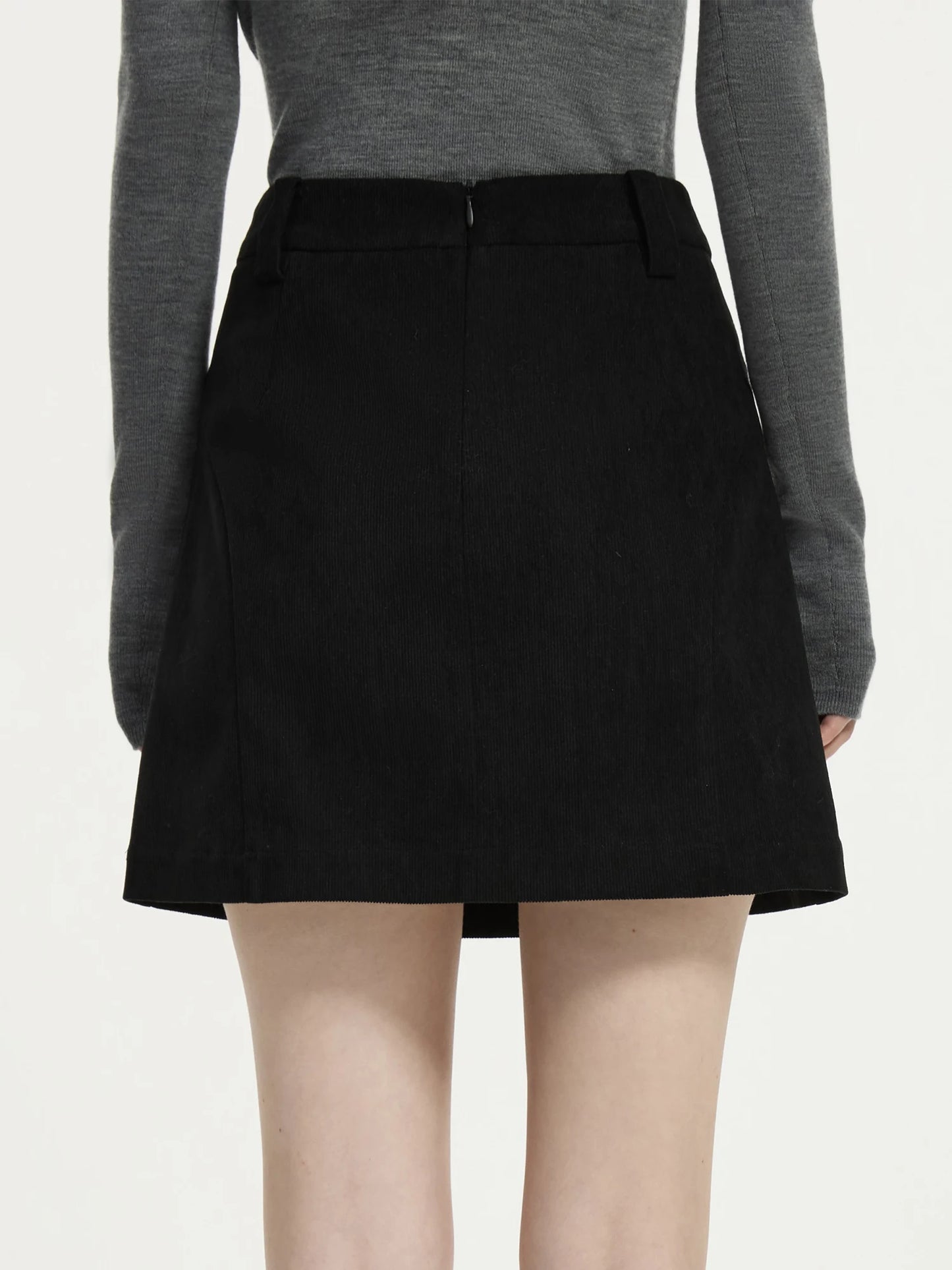 FSLE【2 Colors】Women Mini Skirts Zipper Waist Retro Brown Corduroy Above-Knee Length A-LINE Skirts Winter Black Bottom 24FS14555