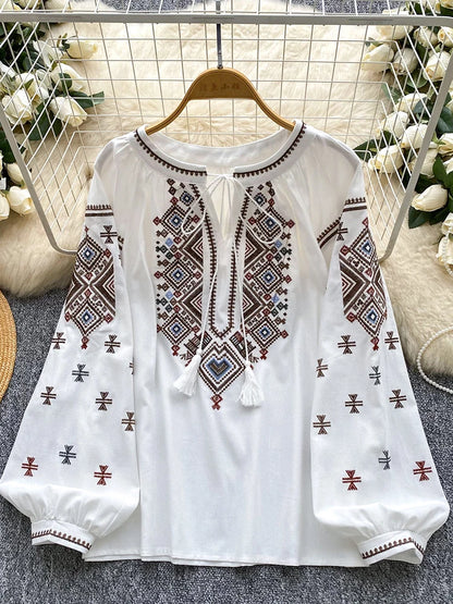 Women Autumn Blouse Loose Artistic Retro Heavy Industry Embroidery Bow O-Neck Lantern Sleeve Shirt Casual Versatile Top BL270