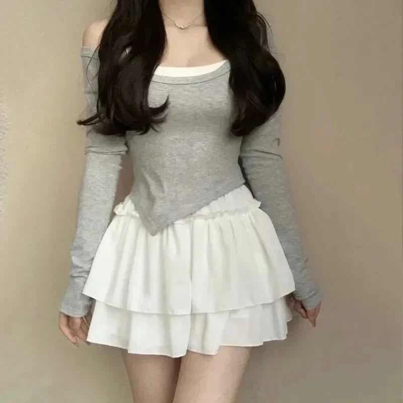 Summer Kawaii Pleated A-Line Skirt for Women White Ruffle Tiered Sweet Style Elastic Waist Summer Slim Korean Harajuku Dress