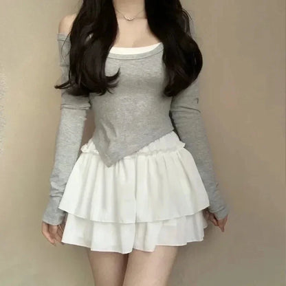 Summer Kawaii Pleated A-Line Skirt for Women White Ruffle Tiered Sweet Style Elastic Waist Summer Slim Korean Harajuku Dress