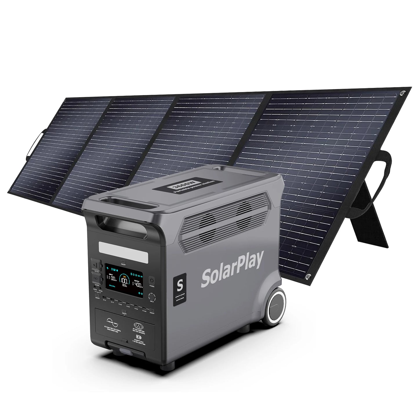 SOLARPLAY Q3600 Outdoor Generator 3600W MPPT Portable Power Station with 400W Folable Solar Panels Trolley For RV Camping