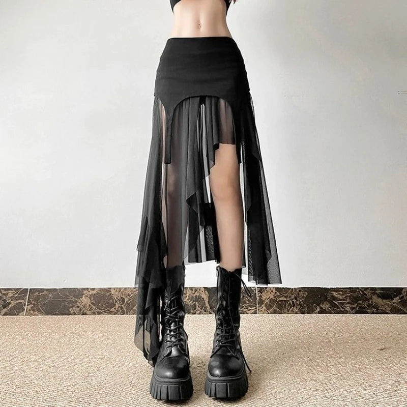 Deeptown Vintage Sexy Slit Skirt Women Y2k Elegant Irregular Sweet Ruffle Skirts Korean Style Tulle Streetwear Layered Skirts