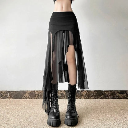 Deeptown Vintage Sexy Slit Skirt Women Y2k Elegant Irregular Sweet Ruffle Skirts Korean Style Tulle Streetwear Layered Skirts