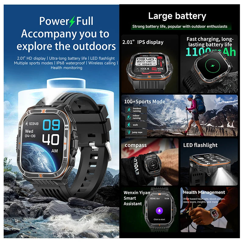 New 1100mAh Big Battery Smart Watch Men Outdoor Compass Bluetooth Call IP68 Waterproof Sports 2.01 Inch Flashlight Smart Watch