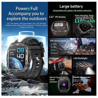 New 1100mAh Big Battery Smart Watch Men Outdoor Compass Bluetooth Call IP68 Waterproof Sports 2.01 Inch Flashlight Smart Watch
