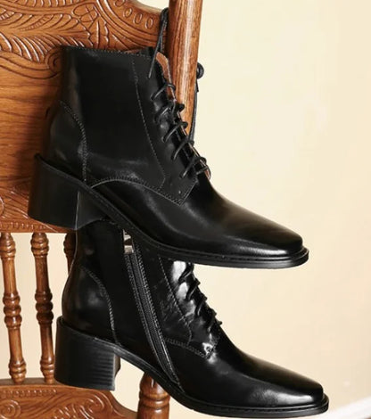 Krazing Pot 2025 Hot Sale Genuine Leather Square Toe Chelsea Boots High Heels Winter Season Lace Up Superstar Ins Ankle Boots