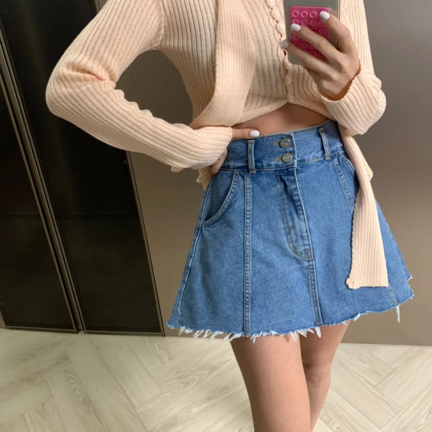 Chic High Waist A-Line  Skirt Women's Jeans ort Skirt Spring Vintage Slimming Splicing Hemming Girl's Faion Commute