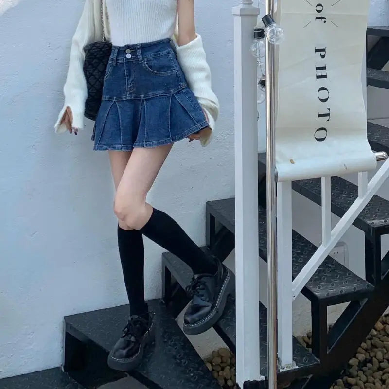 High-Waisted Denim Skirt Women's New Pleated Retro Blue Skinny A-line Flanged Wrap Hip Skirt