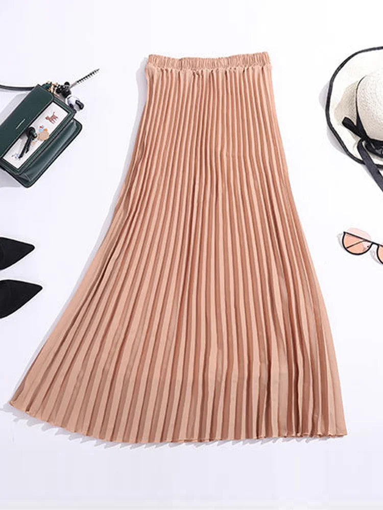 Womens Chic Pleated Swing Long Skirt with Liner Korean Fashion Kawaii Elastic High Waist OL Chiffon Shirring Mermaid Skirts K77