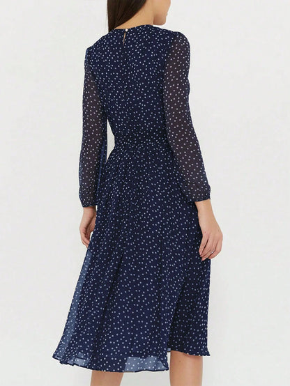 Print Dot Dress Women Casual Long Sleeve Round Neck Midi Dresses Lace Up Vocation Elegant Vestidos Summer 2025 Y2k Streetwear