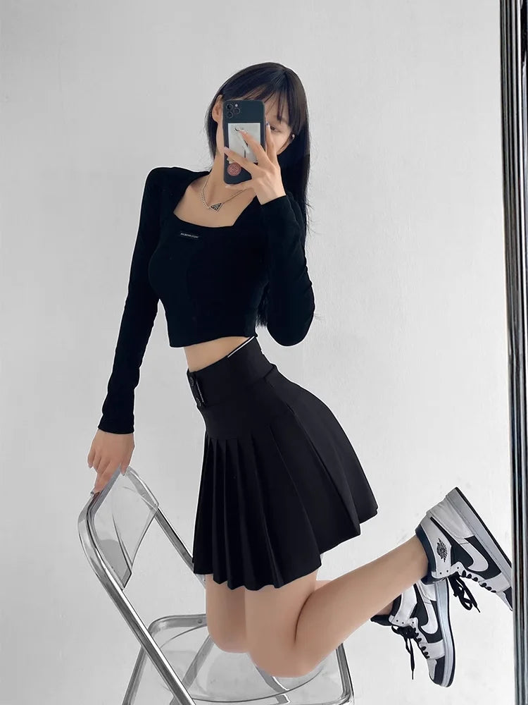 Mini Skirt Women Spring and Summer Original Letter Embroidery Elastic Waist Pleated Skirt A-line Skirt White Black